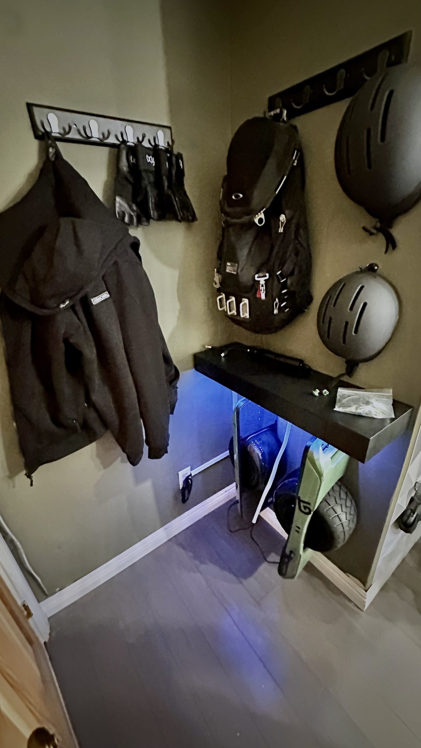 The actual helmets, wrist guards and rental boards prepared for pickup